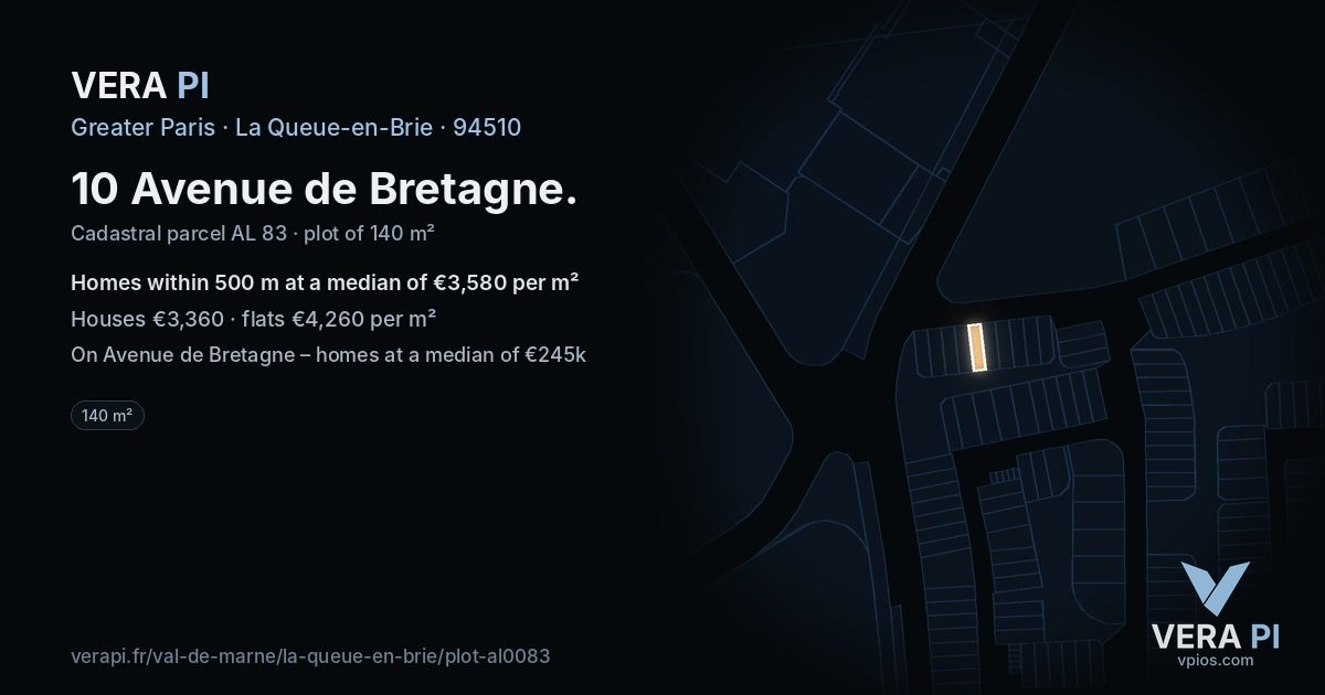 10 Avenue de Bretagne, La Queue-en-Brie at night – the plot lit, the parcels around coloured by the prices near them