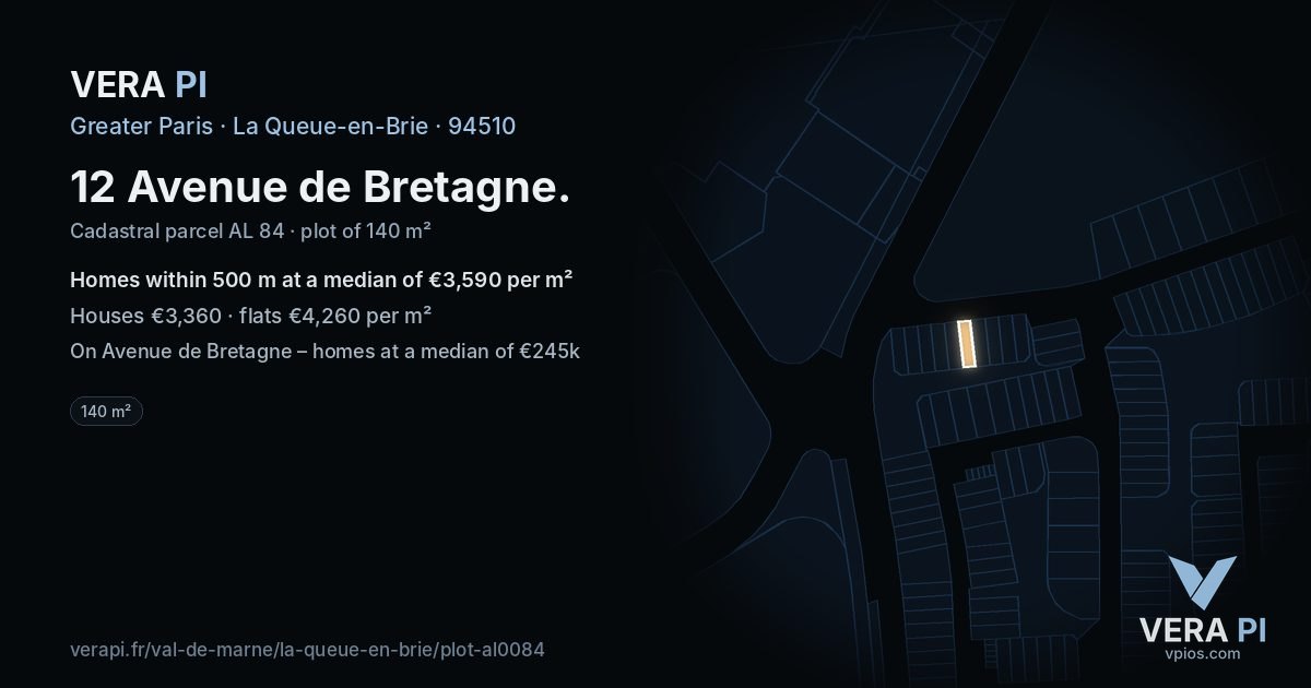 12 Avenue de Bretagne, La Queue-en-Brie at night – the plot lit, the parcels around coloured by the prices near them