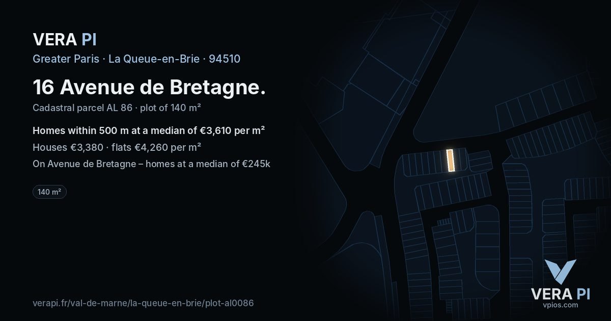 16 Avenue de Bretagne, La Queue-en-Brie at night – the plot lit, the parcels around coloured by the prices near them