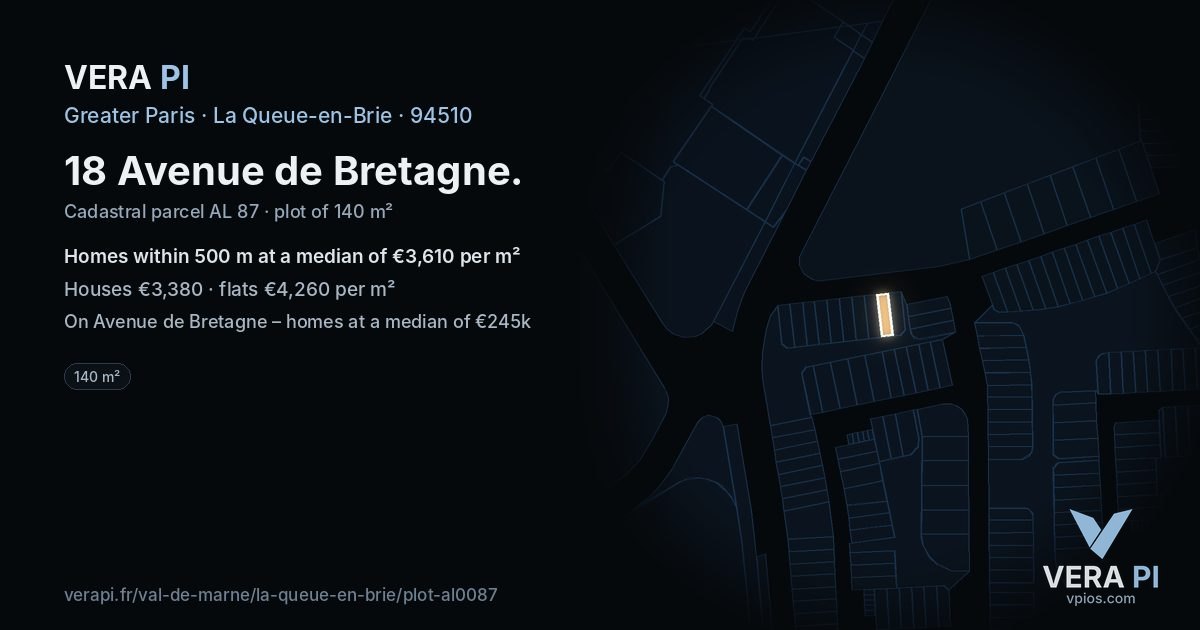 18 Avenue de Bretagne, La Queue-en-Brie at night – the plot lit, the parcels around coloured by the prices near them