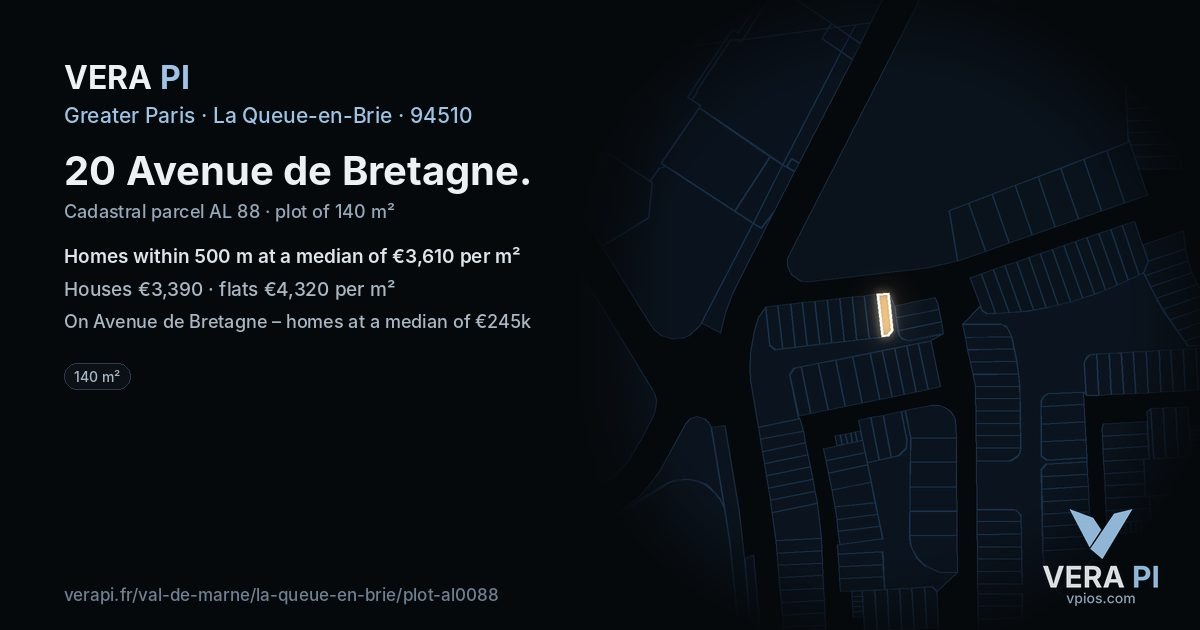 20 Avenue de Bretagne, La Queue-en-Brie at night – the plot lit, the parcels around coloured by the prices near them