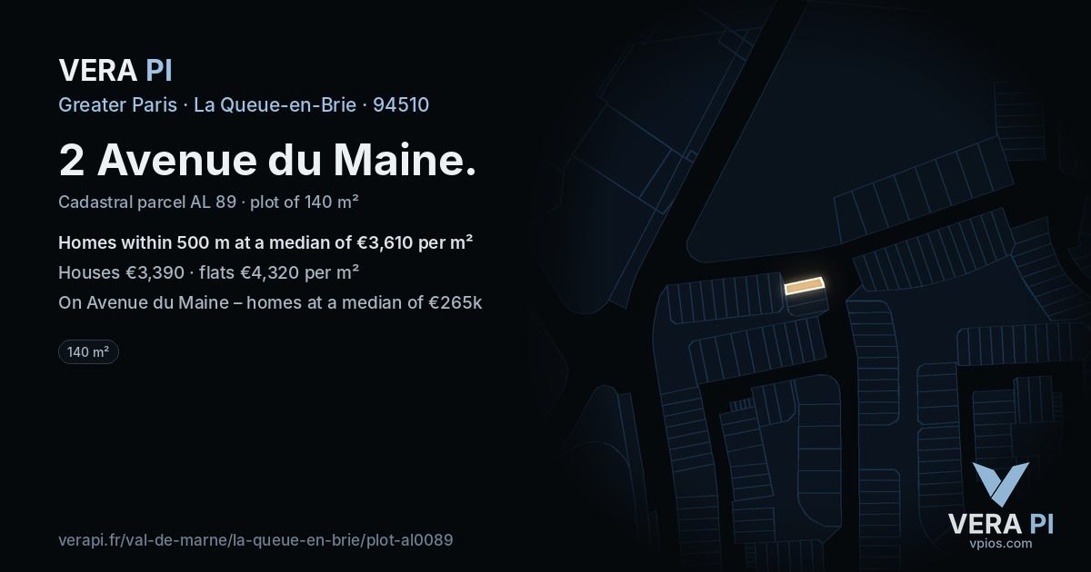 2 Avenue du Maine, La Queue-en-Brie at night – the plot lit, the parcels around coloured by the prices near them