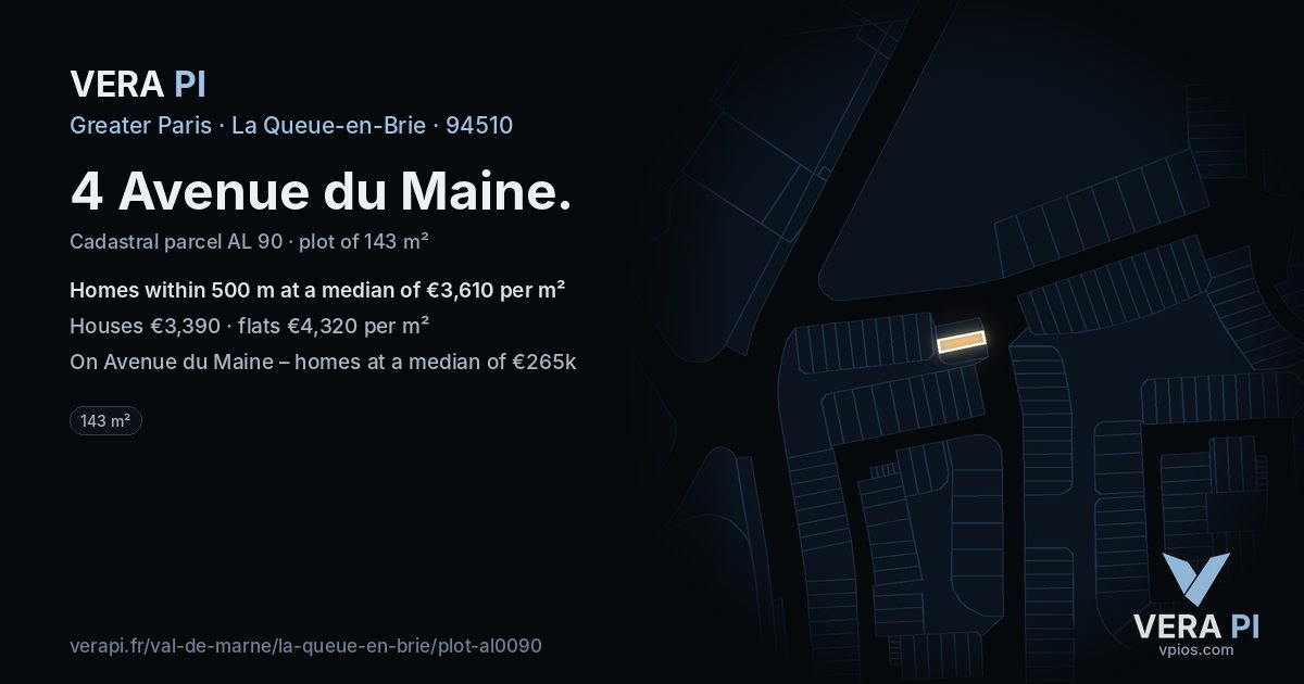 4 Avenue du Maine, La Queue-en-Brie at night – the plot lit, the parcels around coloured by the prices near them