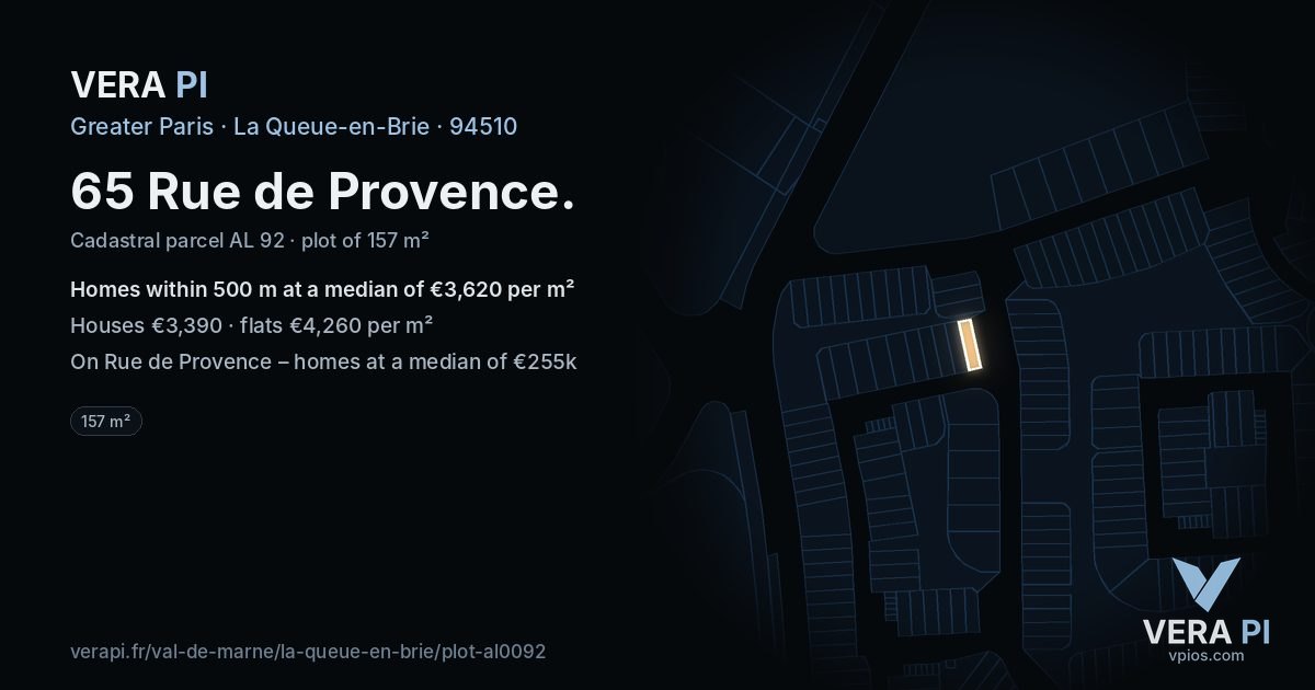 65 Rue de Provence, La Queue-en-Brie at night – the plot lit, the parcels around coloured by the prices near them