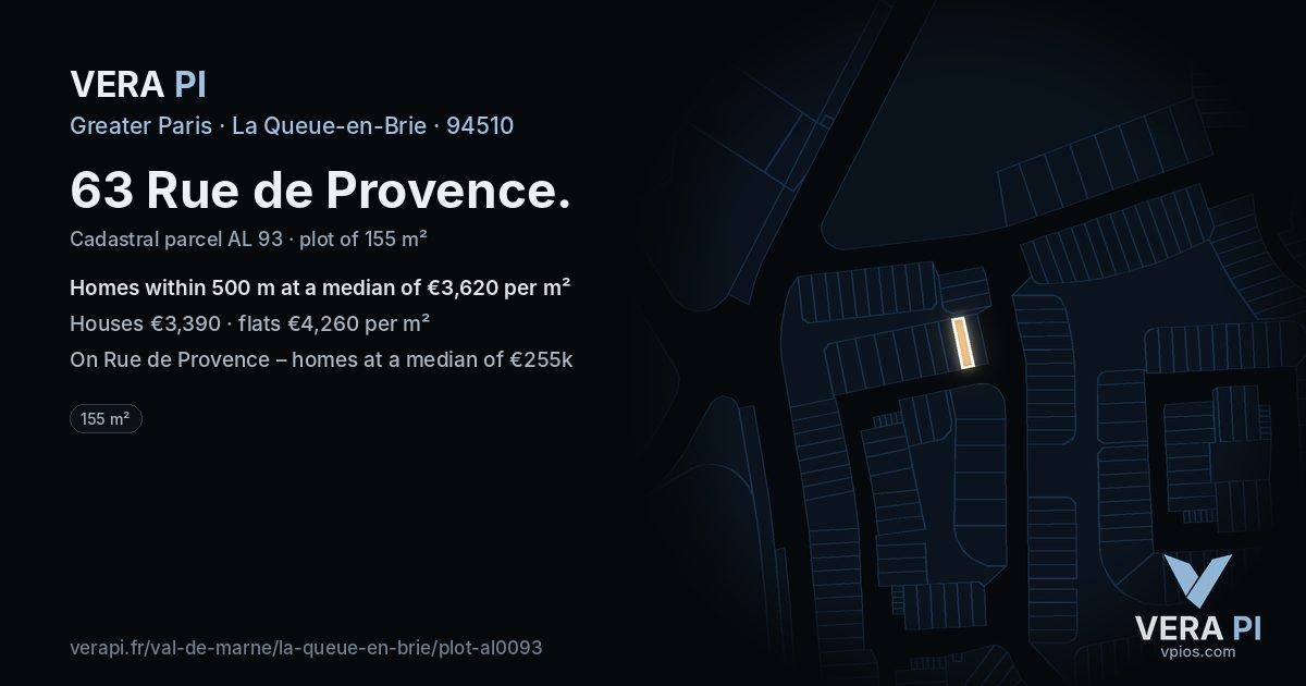 63 Rue de Provence, La Queue-en-Brie at night – the plot lit, the parcels around coloured by the prices near them