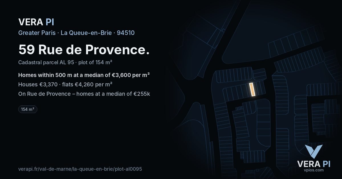 59 Rue de Provence, La Queue-en-Brie at night – the plot lit, the parcels around coloured by the prices near them