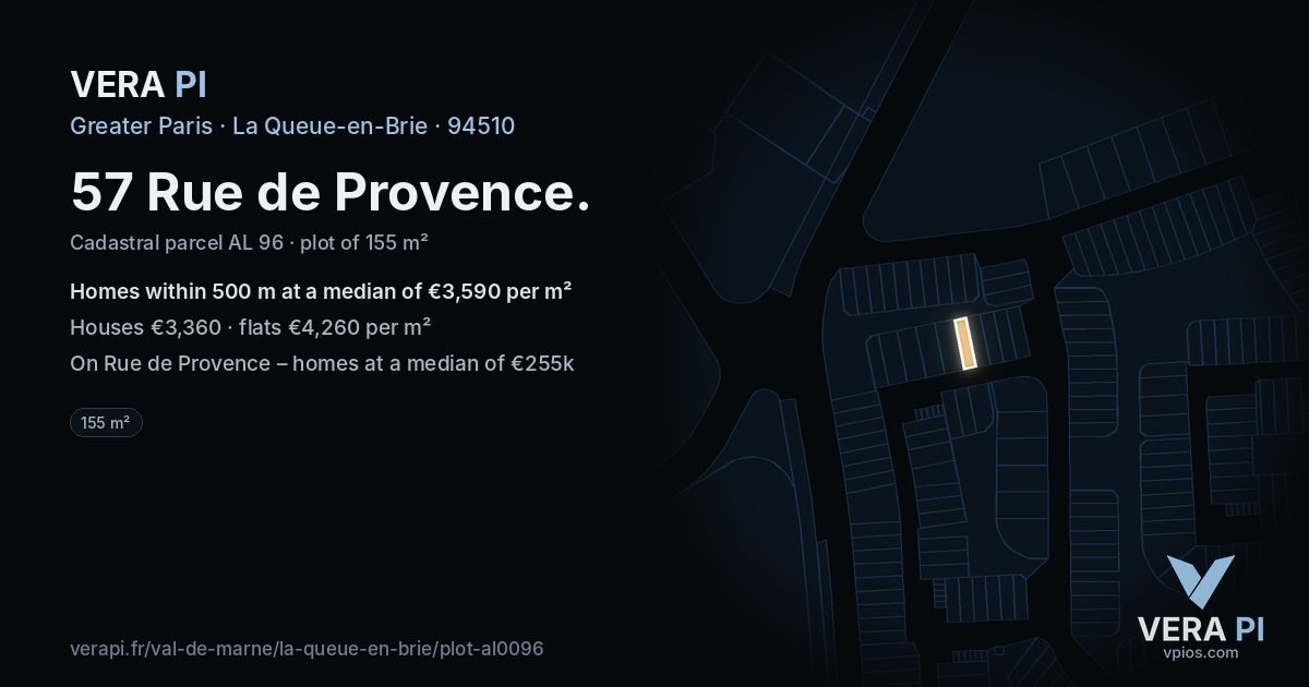 57 Rue de Provence, La Queue-en-Brie at night – the plot lit, the parcels around coloured by the prices near them