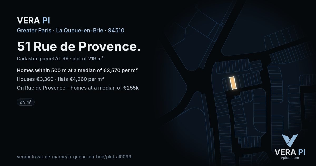 51 Rue de Provence, La Queue-en-Brie at night – the plot lit, the parcels around coloured by the prices near them