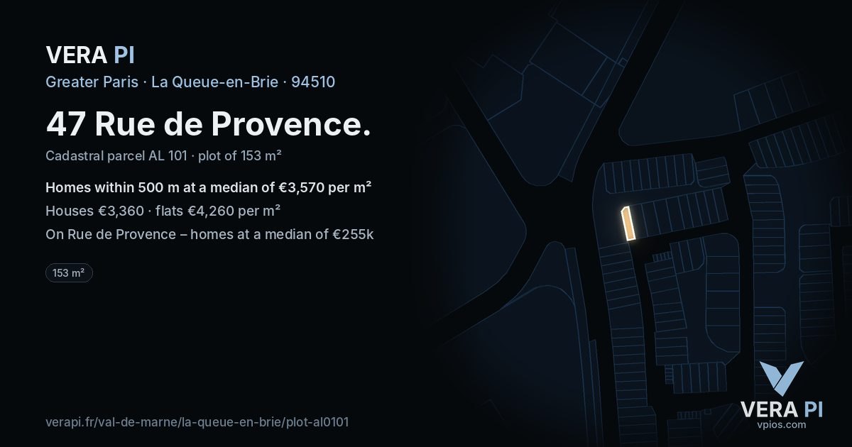 47 Rue de Provence, La Queue-en-Brie at night – the plot lit, the parcels around coloured by the prices near them