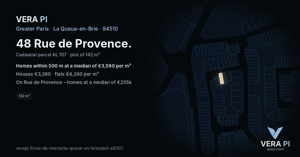 48 Rue de Provence, La Queue-en-Brie at night – the plot lit, the parcels around coloured by the prices near them
