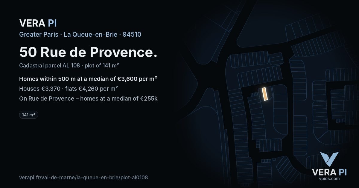 50 Rue de Provence, La Queue-en-Brie at night – the plot lit, the parcels around coloured by the prices near them