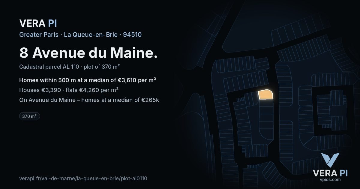 8 Avenue du Maine, La Queue-en-Brie at night – the plot lit, the parcels around coloured by the prices near them