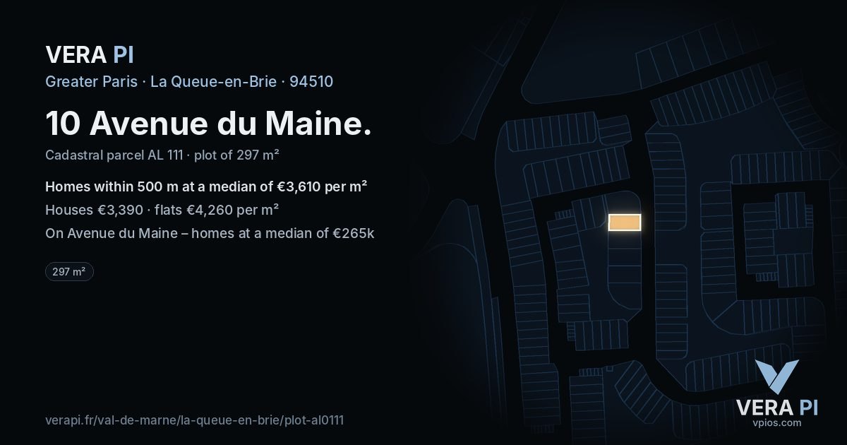 10 Avenue du Maine, La Queue-en-Brie at night – the plot lit, the parcels around coloured by the prices near them