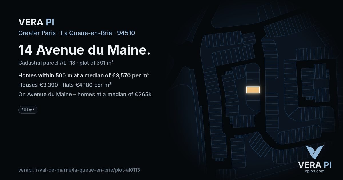 14 Avenue du Maine, La Queue-en-Brie at night – the plot lit, the parcels around coloured by the prices near them