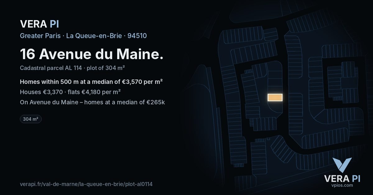 16 Avenue du Maine, La Queue-en-Brie at night – the plot lit, the parcels around coloured by the prices near them