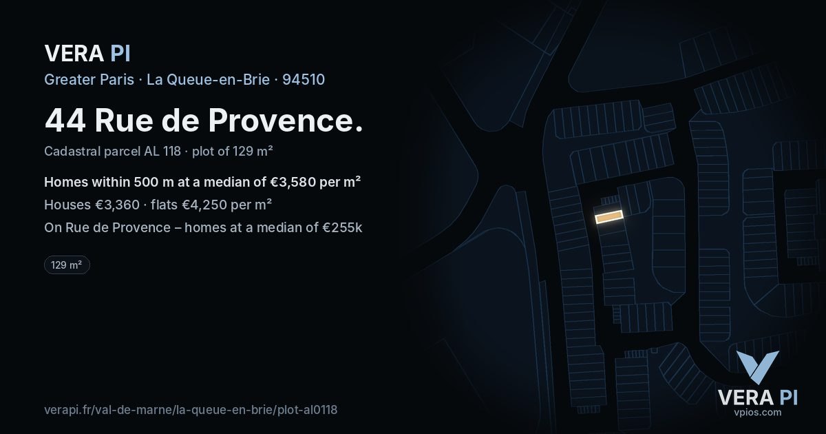 44 Rue de Provence, La Queue-en-Brie at night – the plot lit, the parcels around coloured by the prices near them