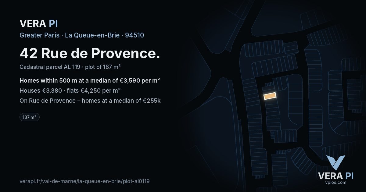 42 Rue de Provence, La Queue-en-Brie at night – the plot lit, the parcels around coloured by the prices near them
