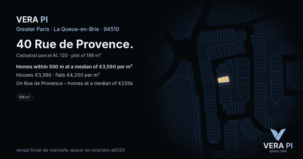 40 Rue de Provence, La Queue-en-Brie at night – the plot lit, the parcels around coloured by the prices near them
