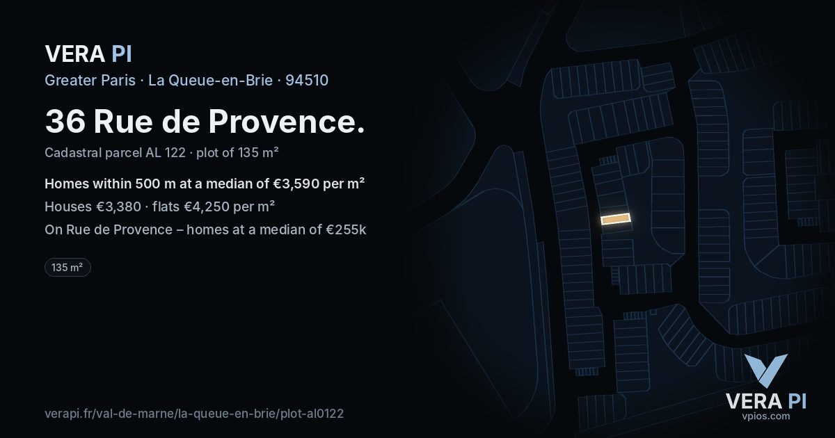 36 Rue de Provence, La Queue-en-Brie at night – the plot lit, the parcels around coloured by the prices near them
