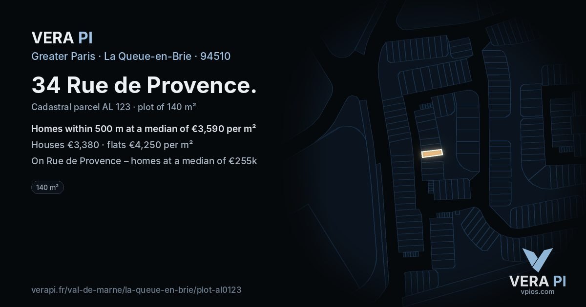 34 Rue de Provence, La Queue-en-Brie at night – the plot lit, the parcels around coloured by the prices near them