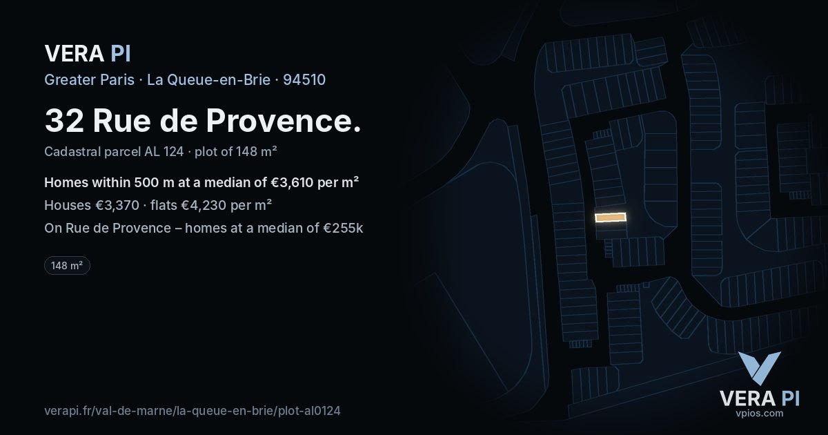 32 Rue de Provence, La Queue-en-Brie at night – the plot lit, the parcels around coloured by the prices near them