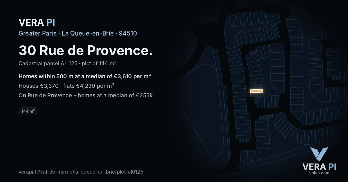 30 Rue de Provence, La Queue-en-Brie at night – the plot lit, the parcels around coloured by the prices near them