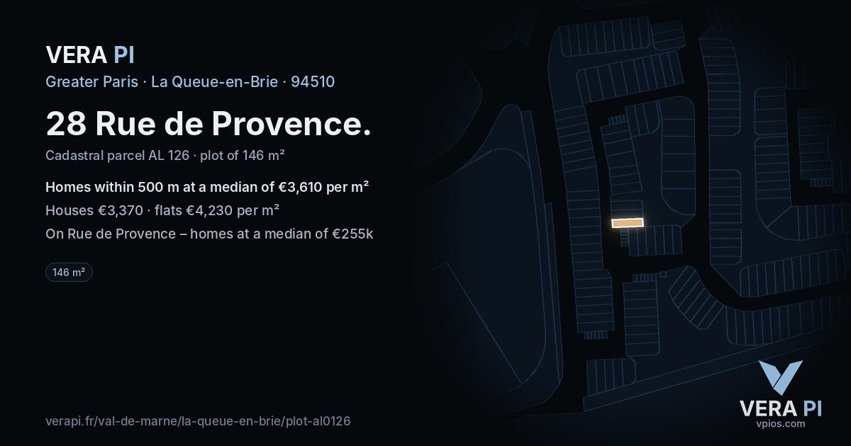 28 Rue de Provence, La Queue-en-Brie at night – the plot lit, the parcels around coloured by the prices near them