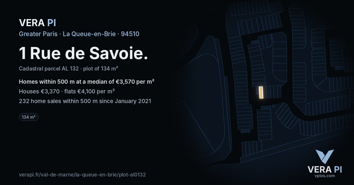 1 Rue de Savoie, La Queue-en-Brie at night – the plot lit, the parcels around coloured by the prices near them