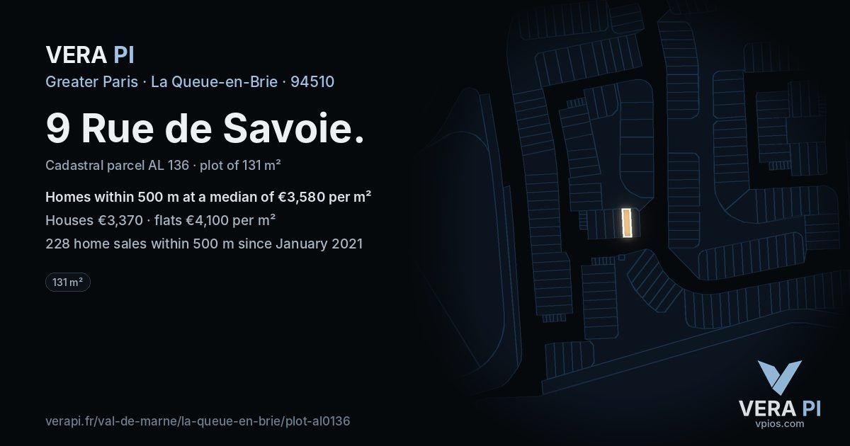 9 Rue de Savoie, La Queue-en-Brie at night – the plot lit, the parcels around coloured by the prices near them