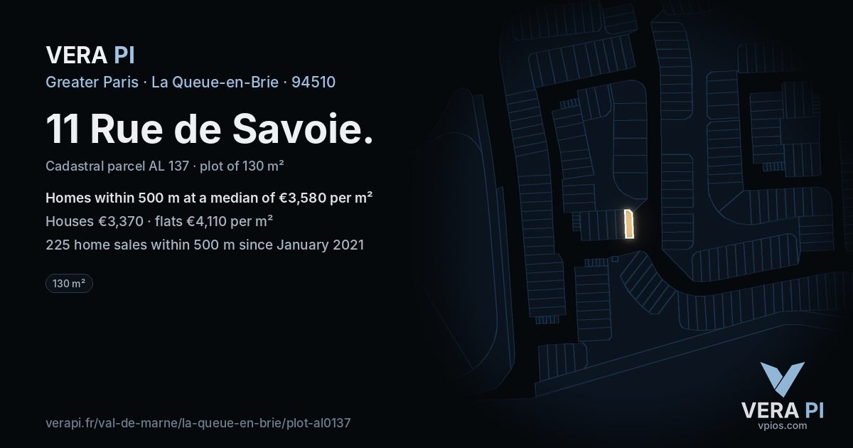 11 Rue de Savoie, La Queue-en-Brie at night – the plot lit, the parcels around coloured by the prices near them