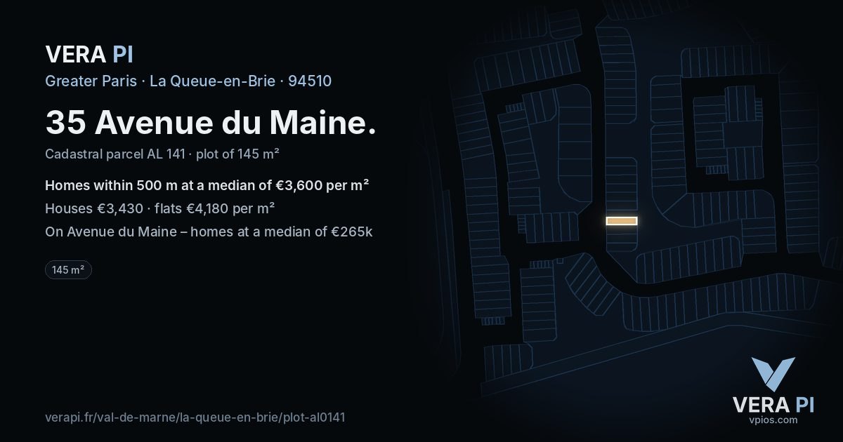 35 Avenue du Maine, La Queue-en-Brie at night – the plot lit, the parcels around coloured by the prices near them