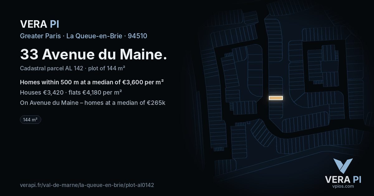 33 Avenue du Maine, La Queue-en-Brie at night – the plot lit, the parcels around coloured by the prices near them