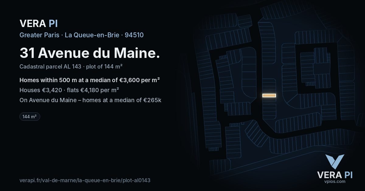 31 Avenue du Maine, La Queue-en-Brie at night – the plot lit, the parcels around coloured by the prices near them