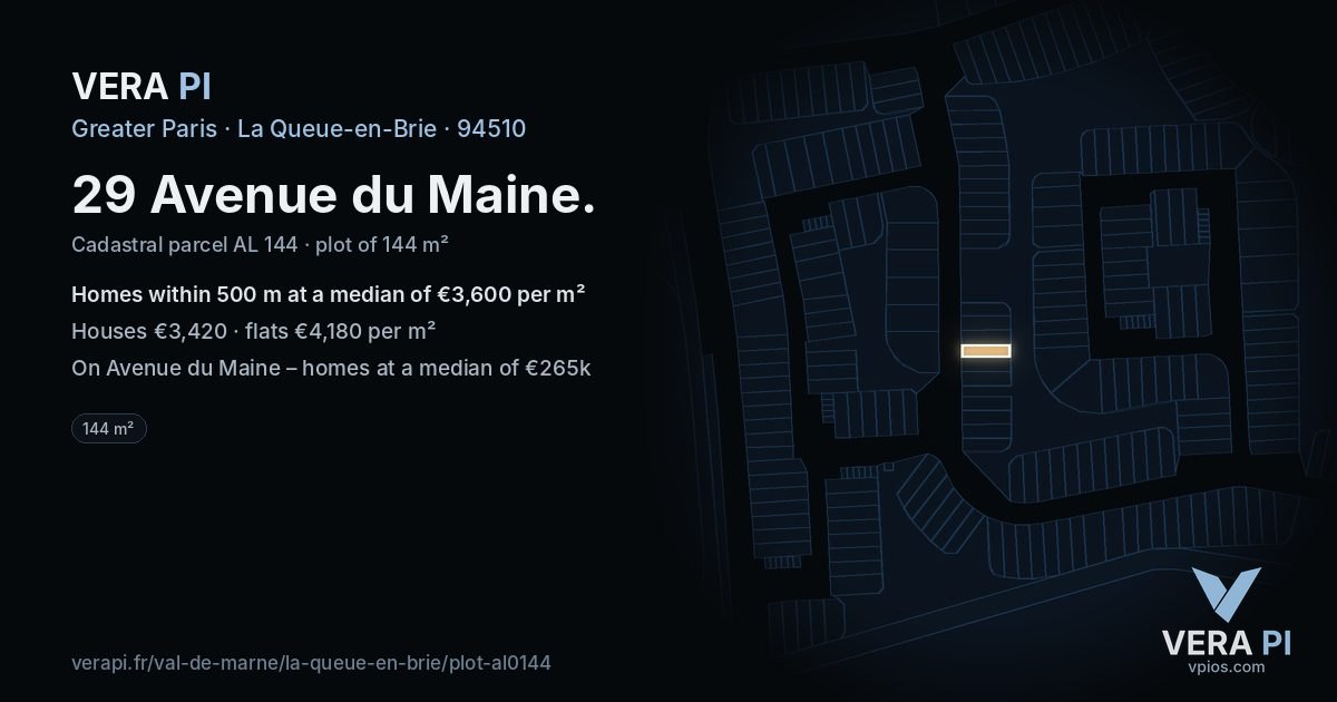 29 Avenue du Maine, La Queue-en-Brie at night – the plot lit, the parcels around coloured by the prices near them