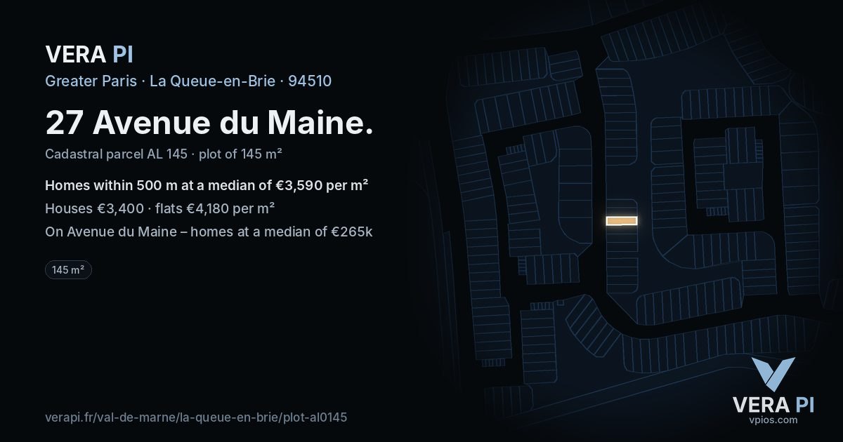 27 Avenue du Maine, La Queue-en-Brie at night – the plot lit, the parcels around coloured by the prices near them