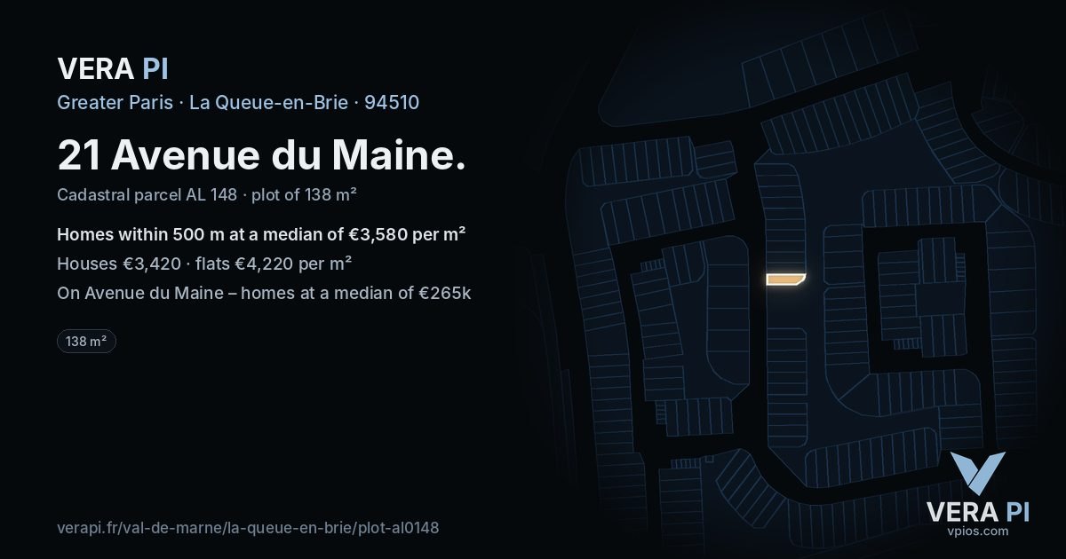 21 Avenue du Maine, La Queue-en-Brie at night – the plot lit, the parcels around coloured by the prices near them