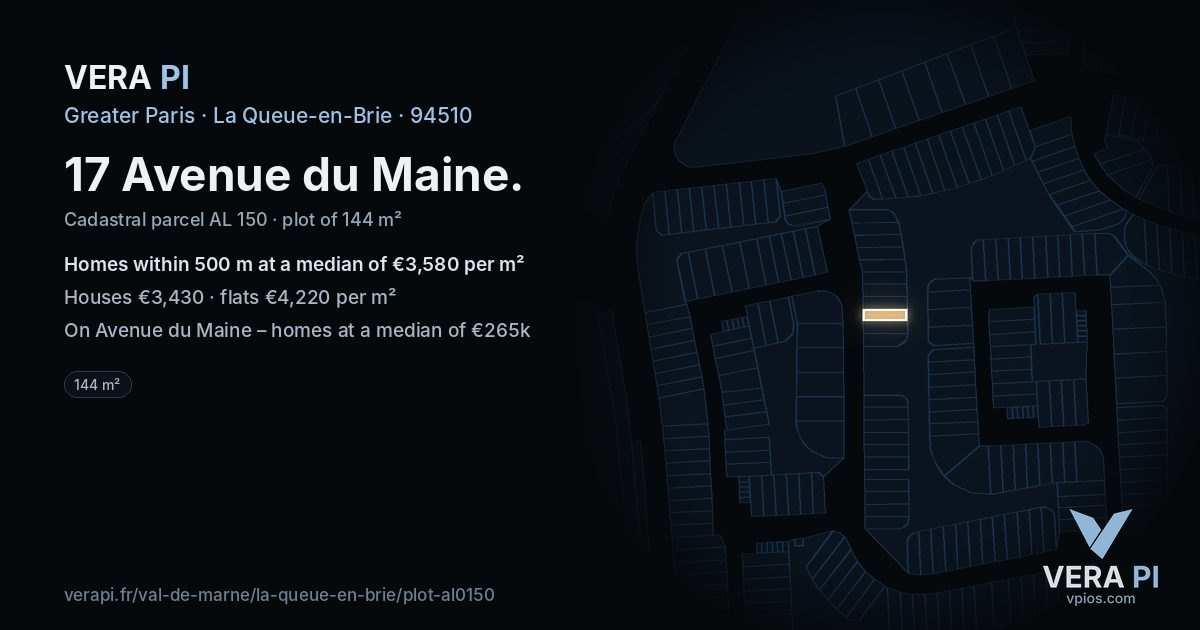 17 Avenue du Maine, La Queue-en-Brie at night – the plot lit, the parcels around coloured by the prices near them