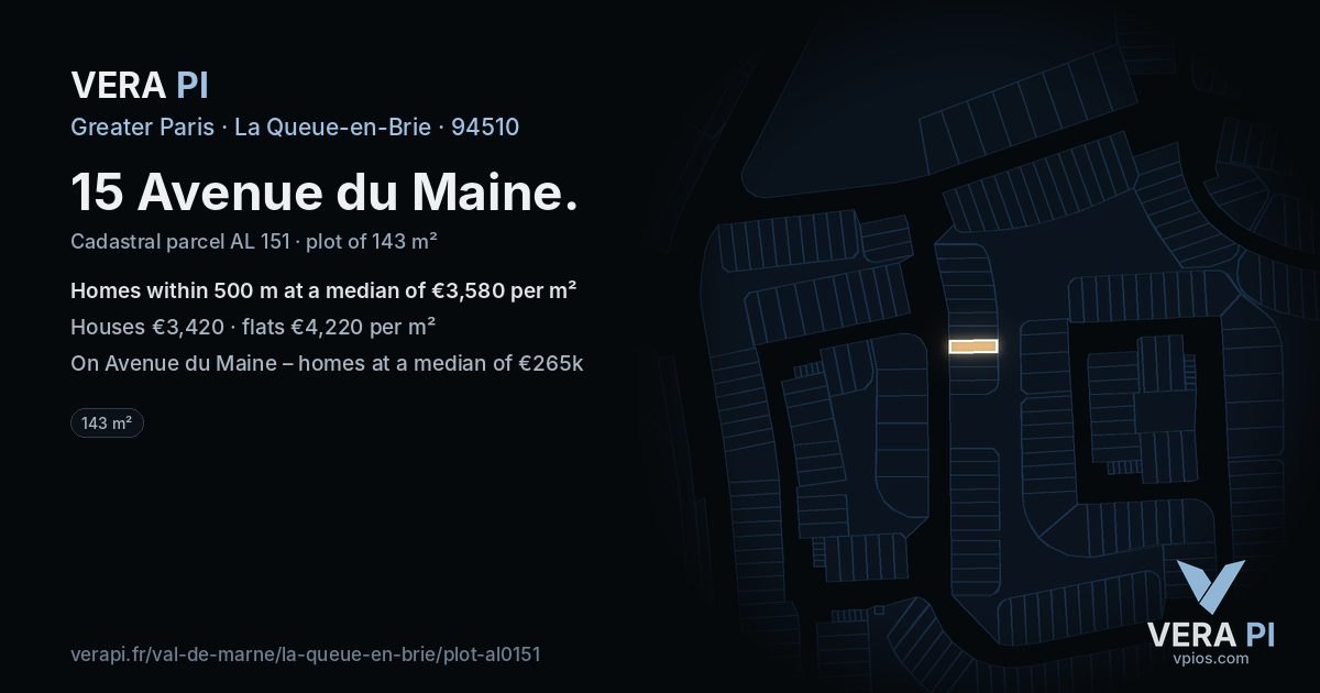 15 Avenue du Maine, La Queue-en-Brie at night – the plot lit, the parcels around coloured by the prices near them
