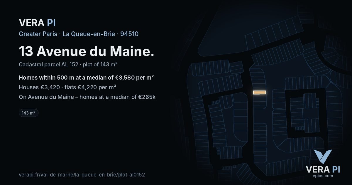 13 Avenue du Maine, La Queue-en-Brie at night – the plot lit, the parcels around coloured by the prices near them