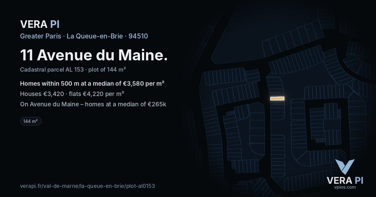 11 Avenue du Maine, La Queue-en-Brie at night – the plot lit, the parcels around coloured by the prices near them