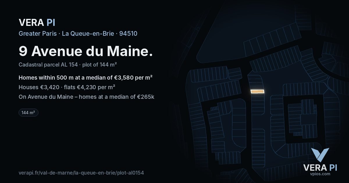 9 Avenue du Maine, La Queue-en-Brie at night – the plot lit, the parcels around coloured by the prices near them