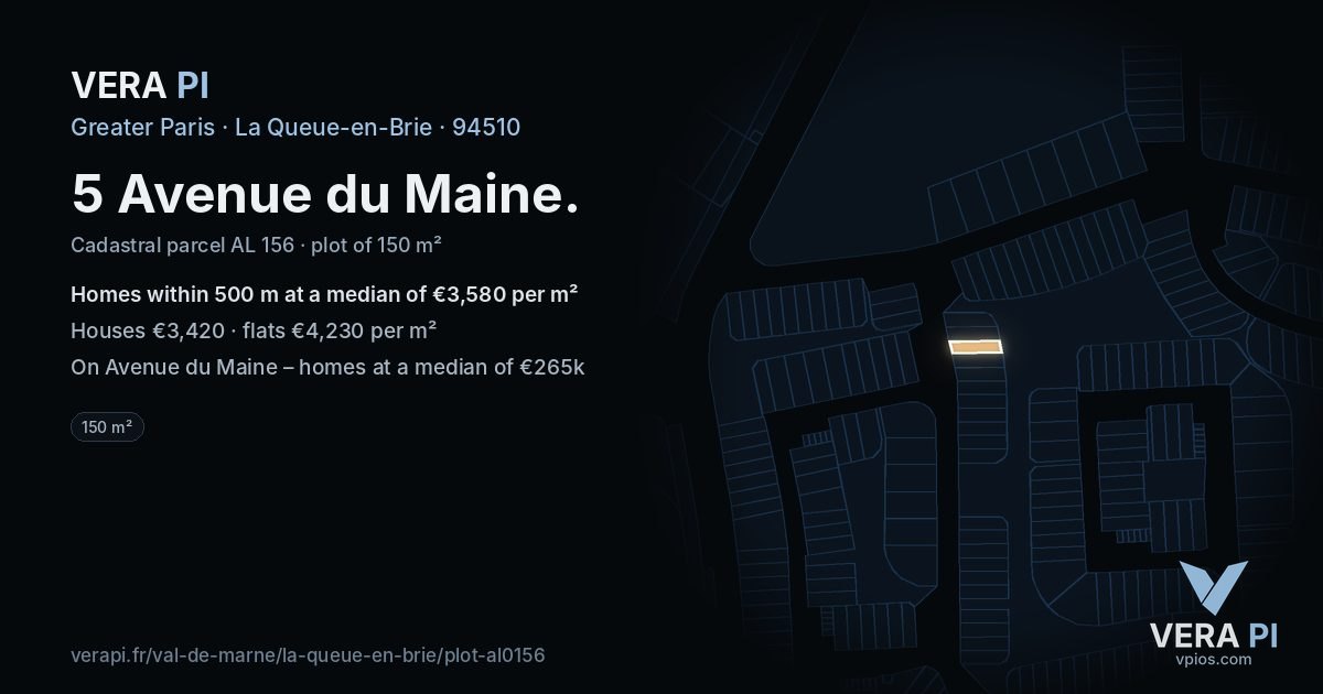 5 Avenue du Maine, La Queue-en-Brie at night – the plot lit, the parcels around coloured by the prices near them