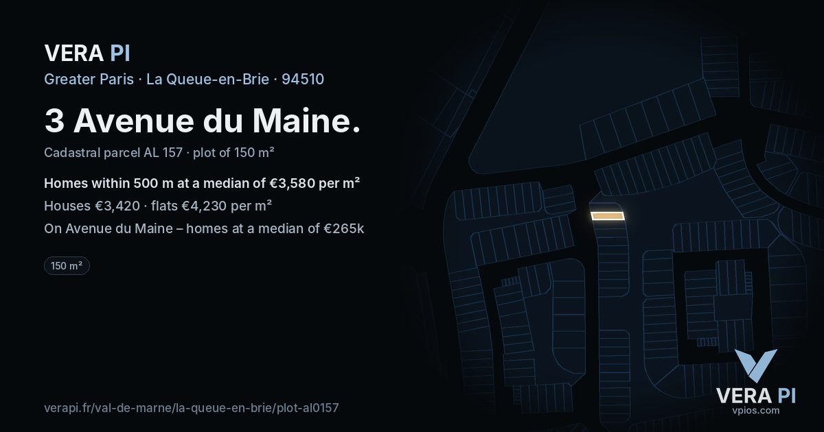 3 Avenue du Maine, La Queue-en-Brie at night – the plot lit, the parcels around coloured by the prices near them