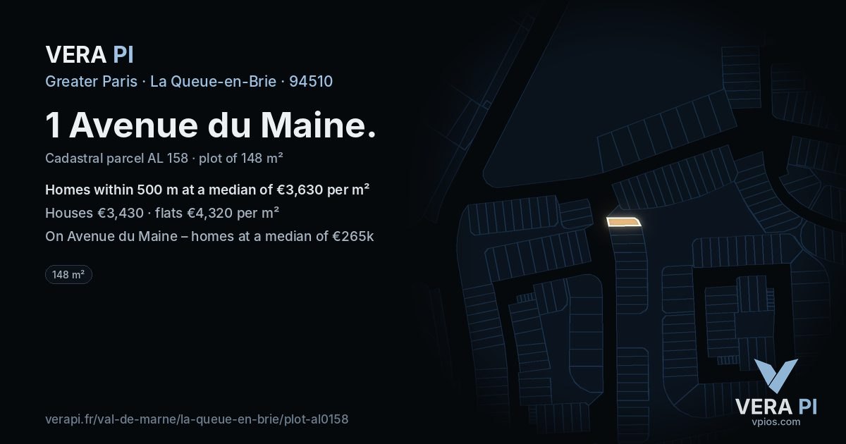 1 Avenue du Maine, La Queue-en-Brie at night – the plot lit, the parcels around coloured by the prices near them