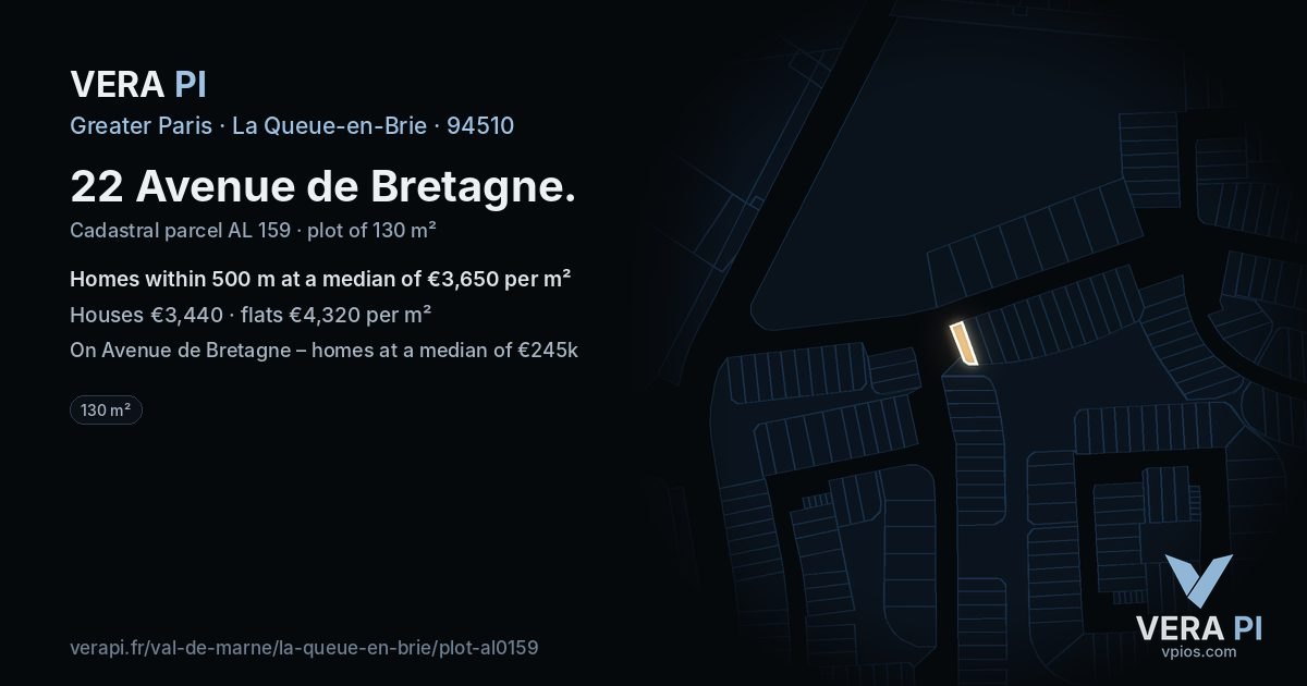 22 Avenue de Bretagne, La Queue-en-Brie at night – the plot lit, the parcels around coloured by the prices near them