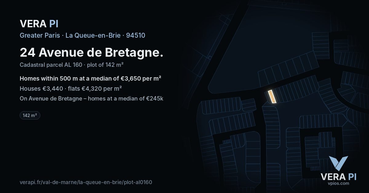 24 Avenue de Bretagne, La Queue-en-Brie at night – the plot lit, the parcels around coloured by the prices near them