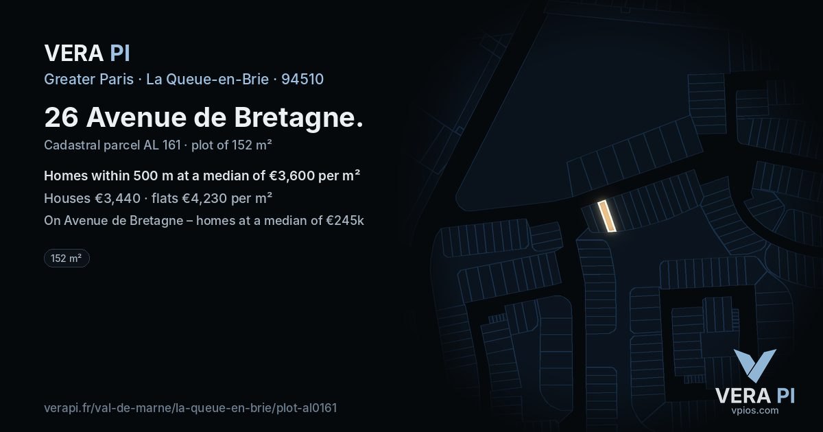 26 Avenue de Bretagne, La Queue-en-Brie at night – the plot lit, the parcels around coloured by the prices near them