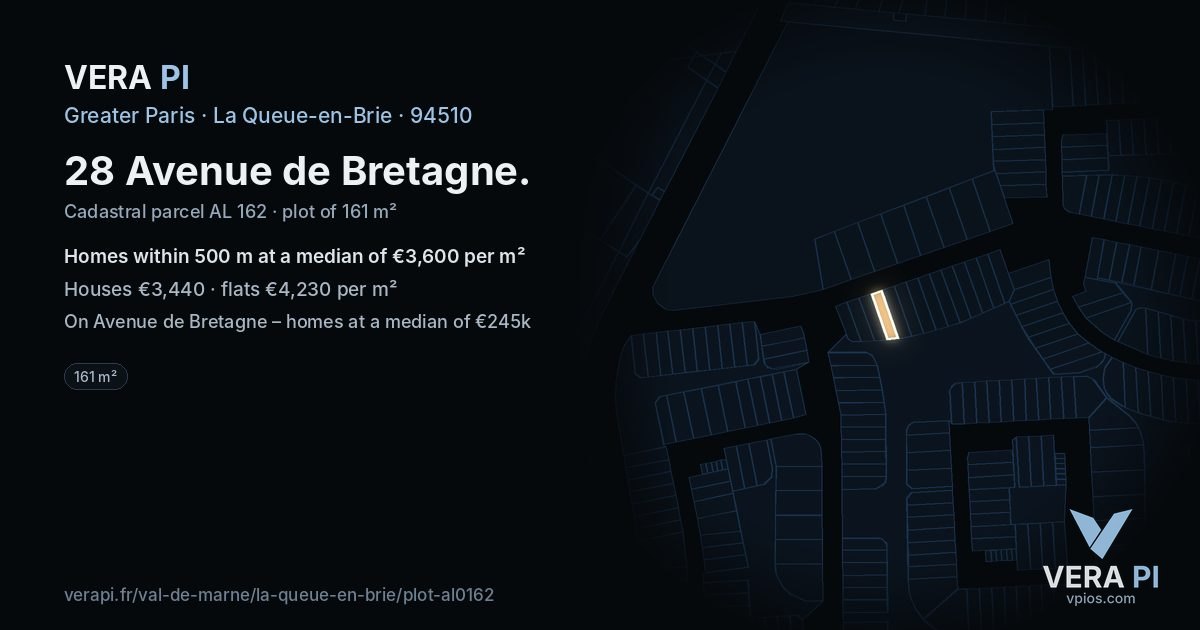 28 Avenue de Bretagne, La Queue-en-Brie at night – the plot lit, the parcels around coloured by the prices near them