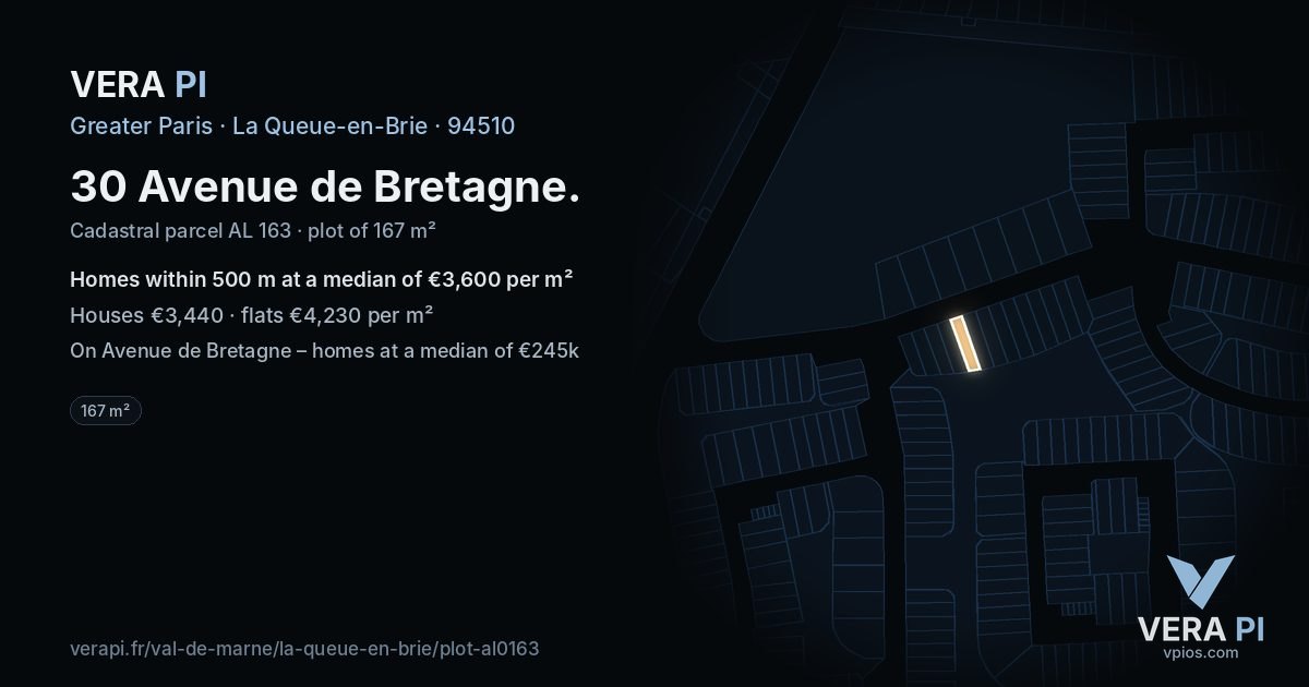30 Avenue de Bretagne, La Queue-en-Brie at night – the plot lit, the parcels around coloured by the prices near them