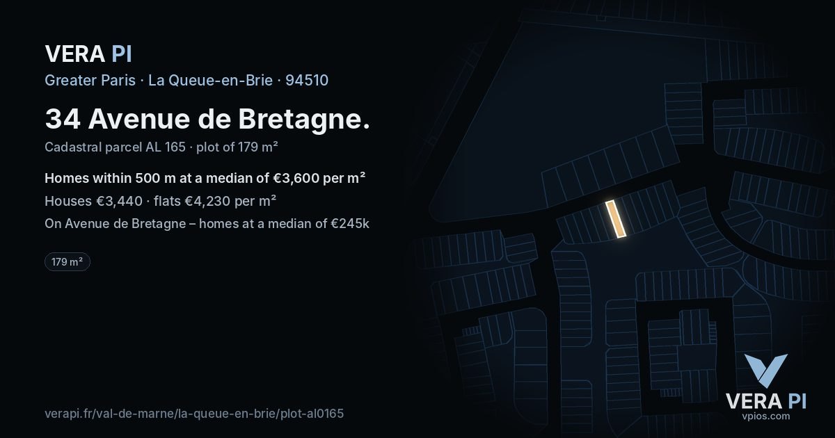 34 Avenue de Bretagne, La Queue-en-Brie at night – the plot lit, the parcels around coloured by the prices near them